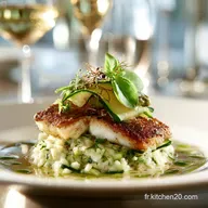 Cabillaud confit &agrave; lhuile dolive et Risotto Courgette Basilic Cr&eacute;meux