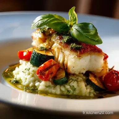Cabillaud confit &agrave; lhuile dolive et Risotto Courgette Basilic Cr&eacute;meux Fiche recette