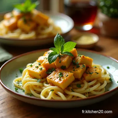 Repas V&eacute;g&eacute;tariens Express Aglio e Olio au Tofu Croustillant Fiche recette