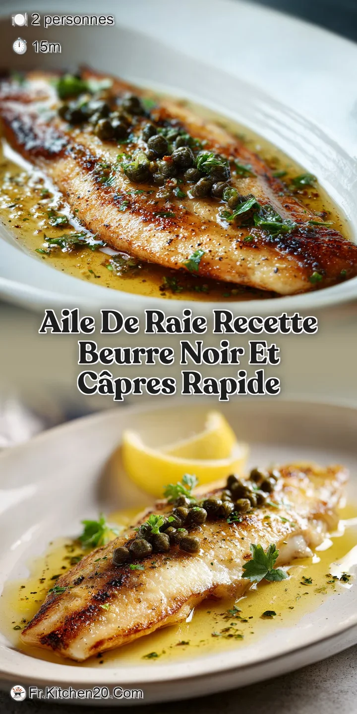 Close-up showcasing the tender flakes of skate wing, glistening capers, and rich, golden-brown butter sauce. An appetizing...