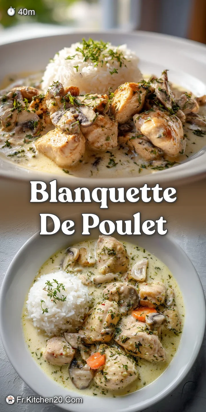 Close-up of a blanquette de poulet: tender chicken bathed in a velvety, cream-colored sauce with flecks of vibrant green h...
