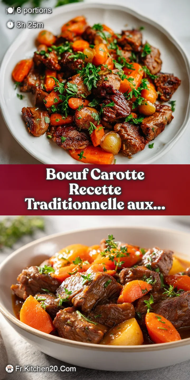 Close-up reveals melt-in-your-mouth braised beef with glazed carrots, swimming in a deeply colored and delicious, savory s...