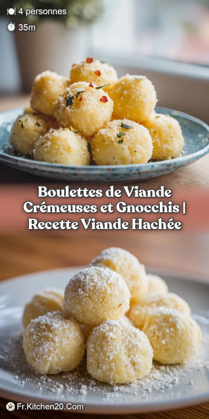 Close-up of a steaming meatball nestled in pillowy gnocchi, rich sauce glistening.