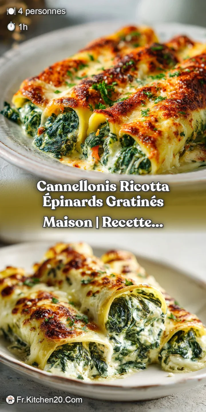 Close-up of tender pasta tubes filled with creamy ricotta and wilted spinach, topped with melted golden cheese.