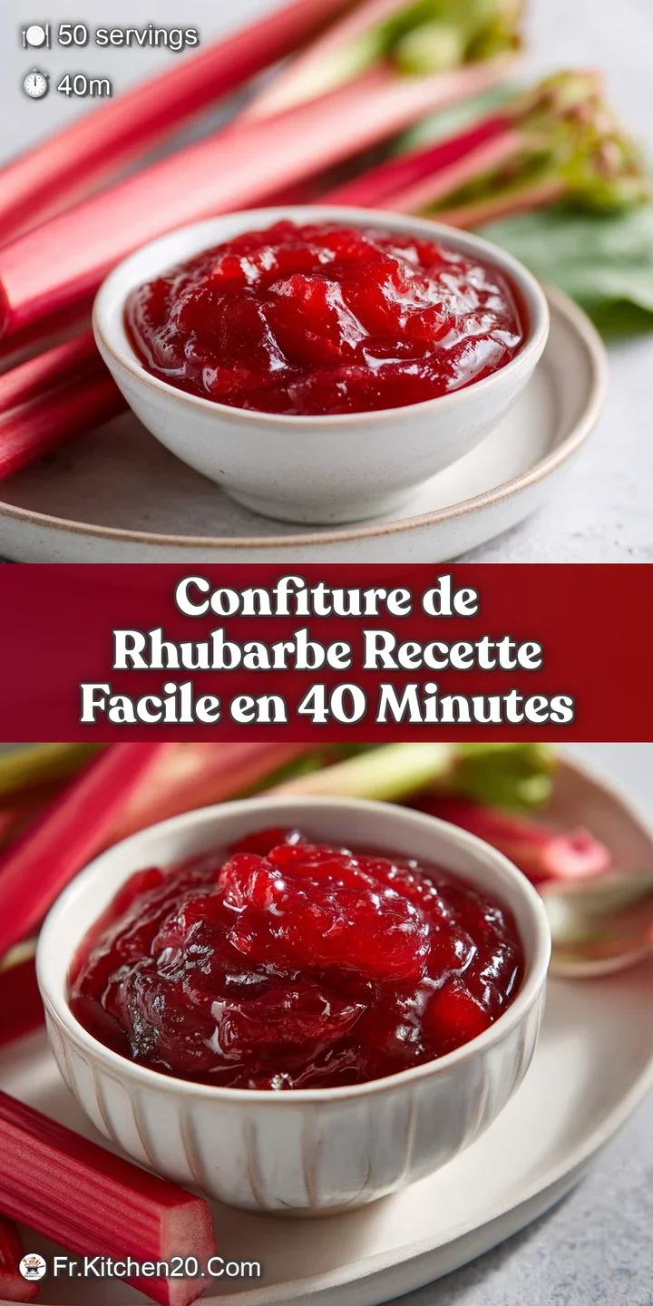 Close-up of ruby red rhubarb jam, thick and glossy with visible fruit pulp, catching the light and looking irresistibly sw...