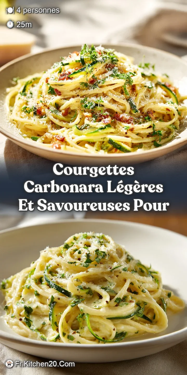 Close-up capturing the creamy texture of the pasta, tender courgette slices, and crispy bacon, hinting at a rich, savory f...