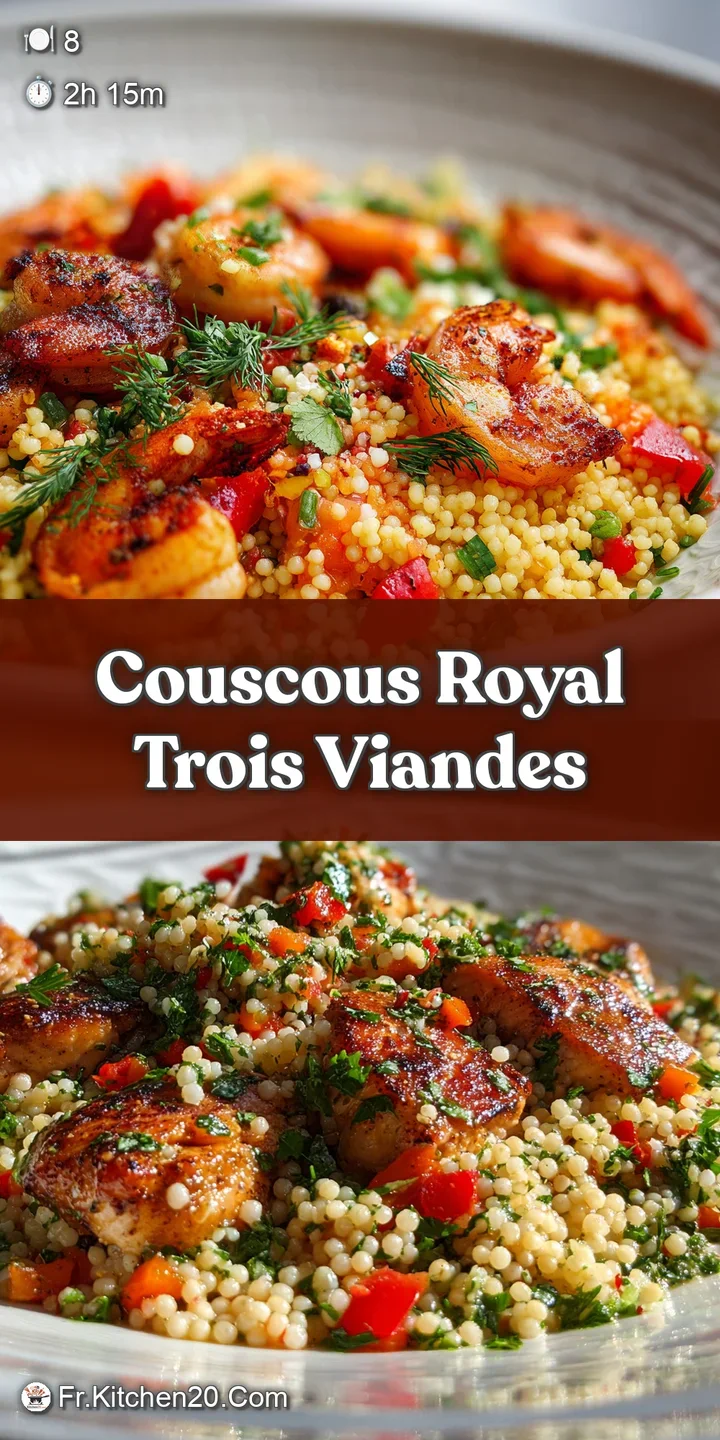 Close-up reveals tender lamb, plump sausage, and fluffy couscous infused with aromatic broth. Steam rises from the dish.