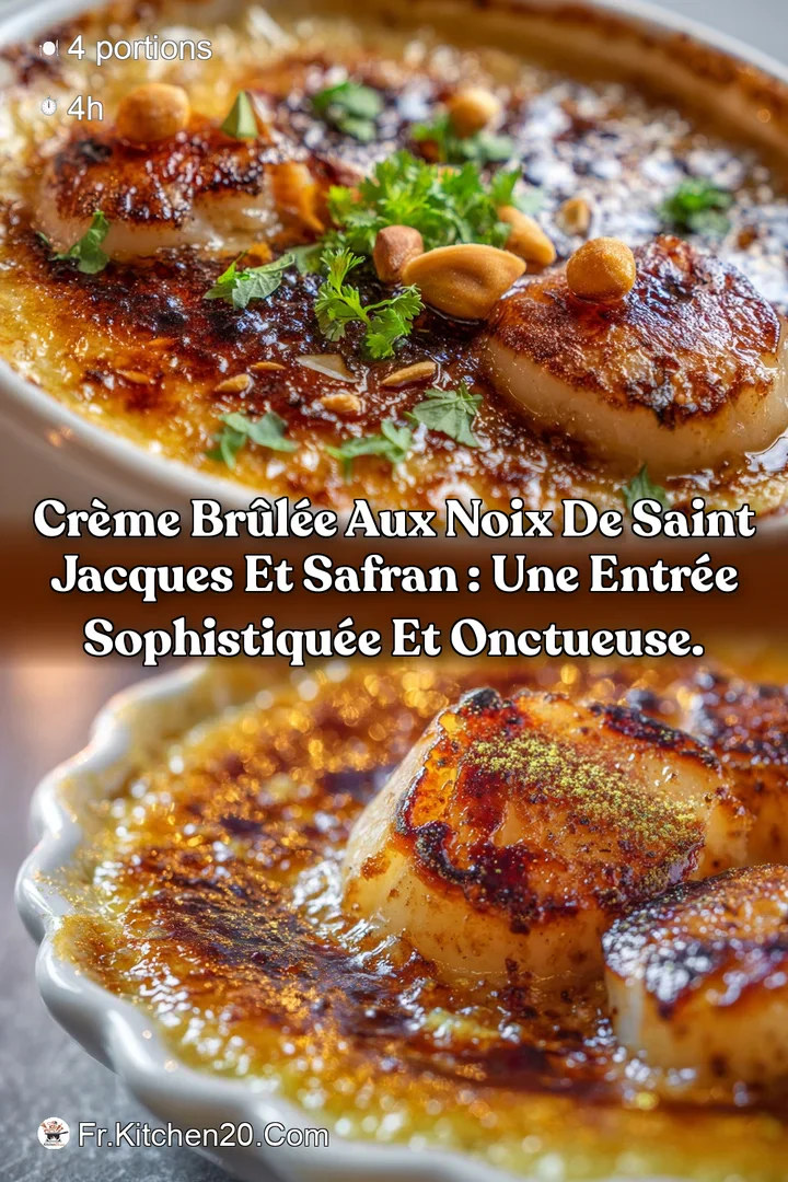 Cr&egrave;me br&ucirc;l&eacute;e aux noix de Saint Jacques et Safran : une entr&eacute;e sophistiqu&eacute;e et onctueuse.