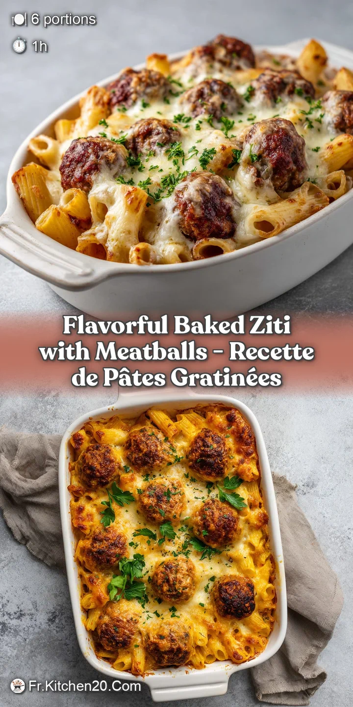 Close-up of tender ziti pasta coated in savory tomato sauce, glistening with melted cheese and juicy meatballs.