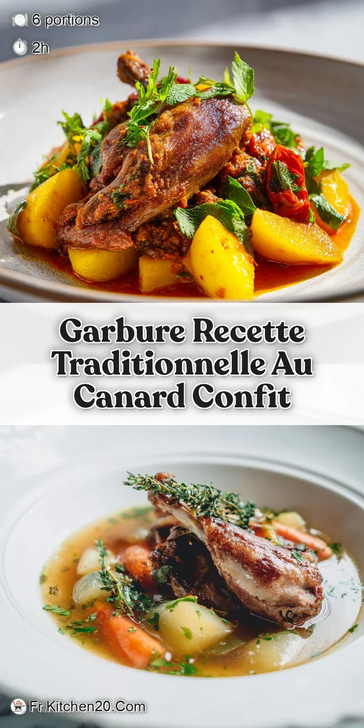 Close-up of glistening garbure: rustic, chunky soup with a rich broth, tender vegetables, and visible steam rising.