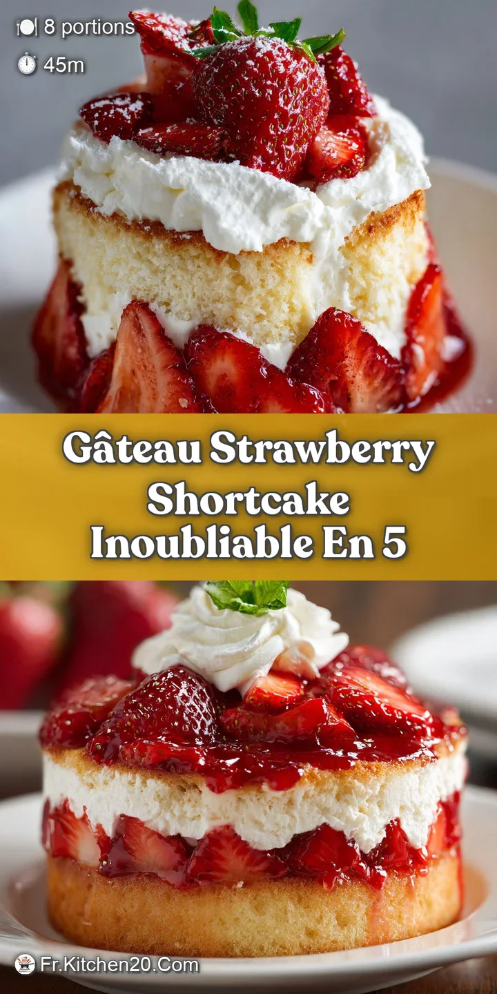 Close-up of strawberry shortcake: bright strawberries nestled in cream, showing the cake's delightful texture.