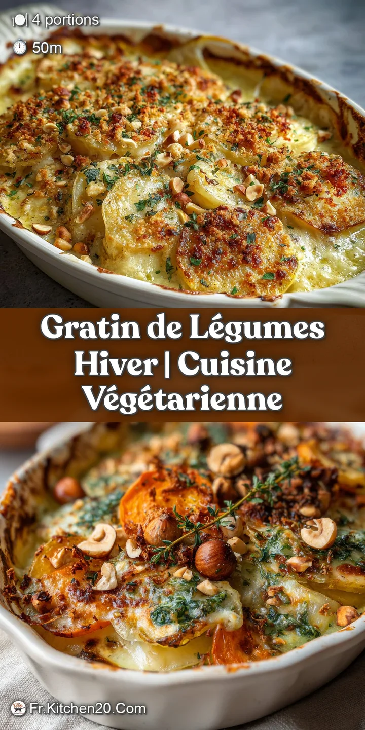 Close-up of bubbly, golden gratin. Tender root vegetables peek through a creamy, cheesy crust, with hints of herbs visible.