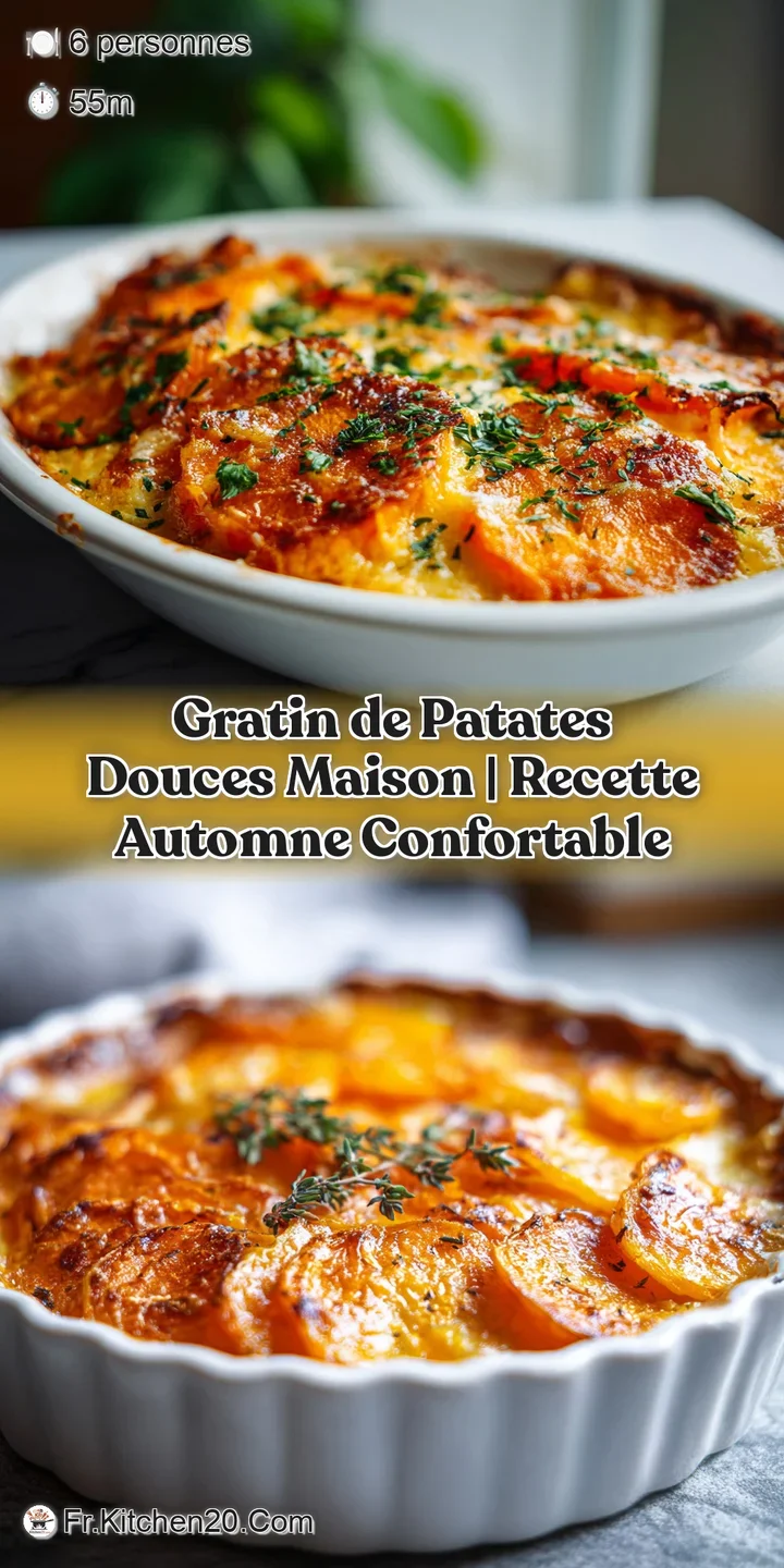 Close-up of creamy sweet potato gratin, bubbling and browned, revealing caramelized edges and an inviting, comforting text...