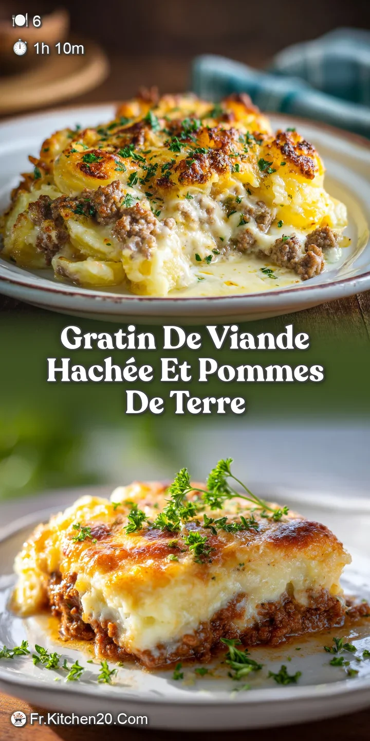 Close-up of a ground meat and potato gratin, showing creamy, browned cheese and visible layers. Inviting and appetizing vi...