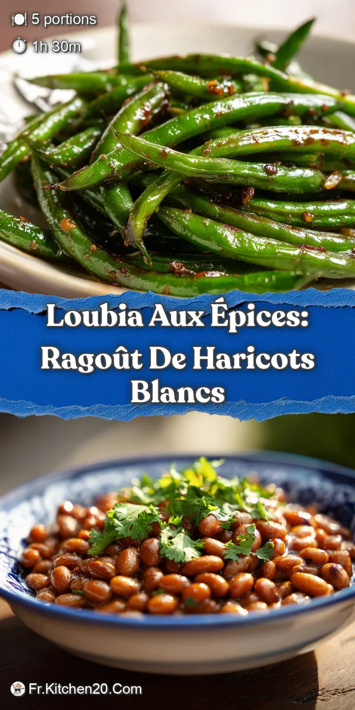 Close-up of glistening white beans in a rich, creamy broth. Sprinkled spices and fresh herbs add flecks of color and entic...