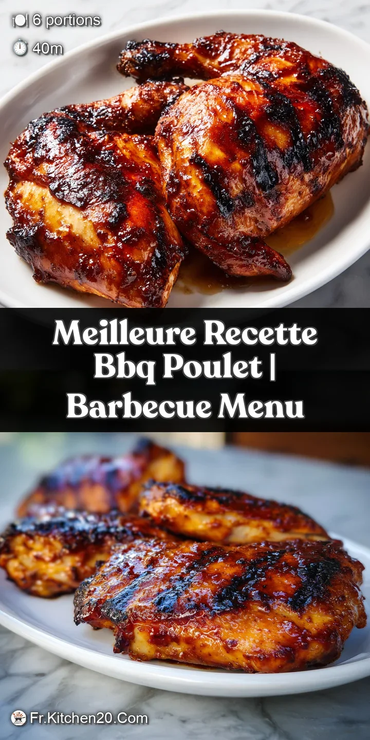 Close-up of juicy BBQ chicken; rich, dark sauce clings to the meat, highlighting the tender, pull-apart texture and smoky ...