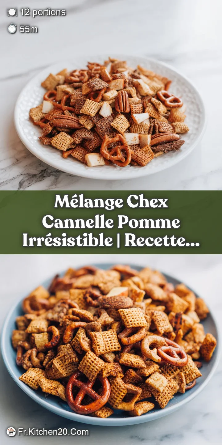 Close-up of glistening cinnamon-sugar coated Chex cereal, highlighting the crunchy texture and bits of dried apple.