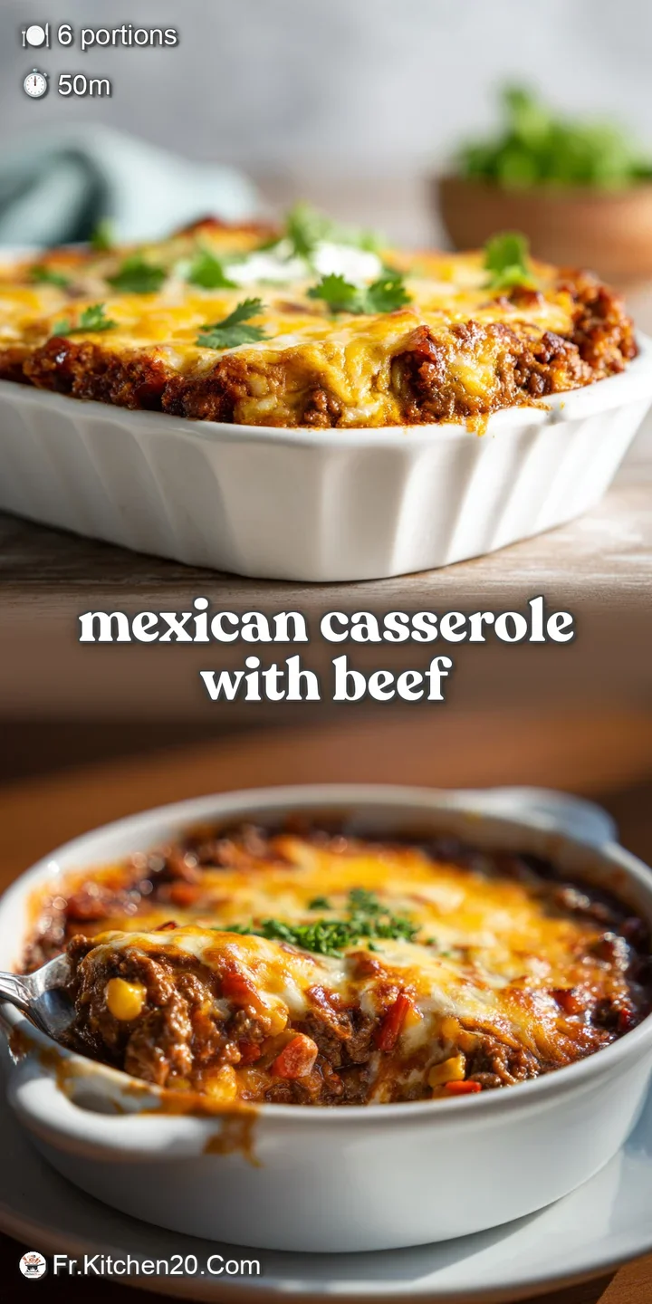 Close-up of a cheesy Mexican casserole with juicy ground beef, colorful layers, and a tempting, slightly charred surface w...