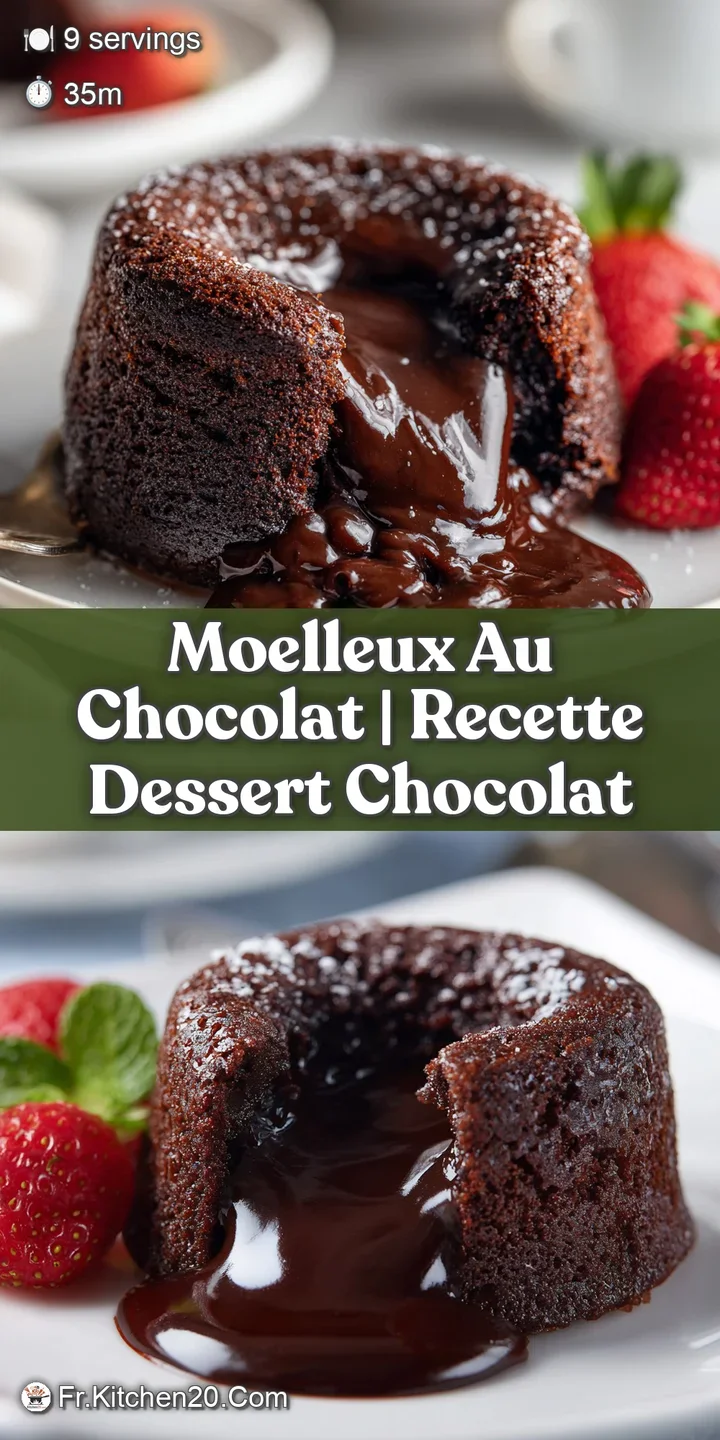 C&oelig;ur de chocolat chaud et liquide s'&eacute;coulant d'un biscuit moelleux brun fonc&eacute;, texture riche et brillante.