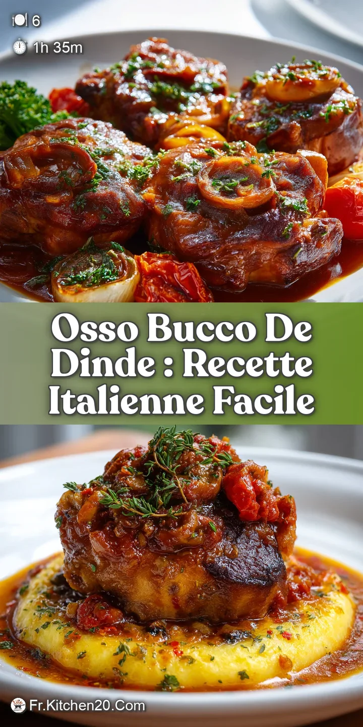 Close-up showcasing succulent turkey osso buco in a thick, bright tomato sauce, with visible herbs and tender, falling-off...