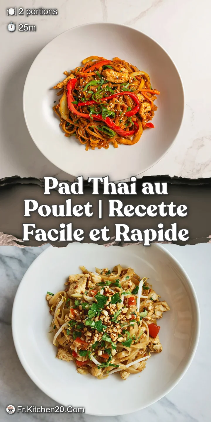 Close-up of springy rice noodles glistening with savory sauce, topped with shredded chicken and vibrant bean sprouts