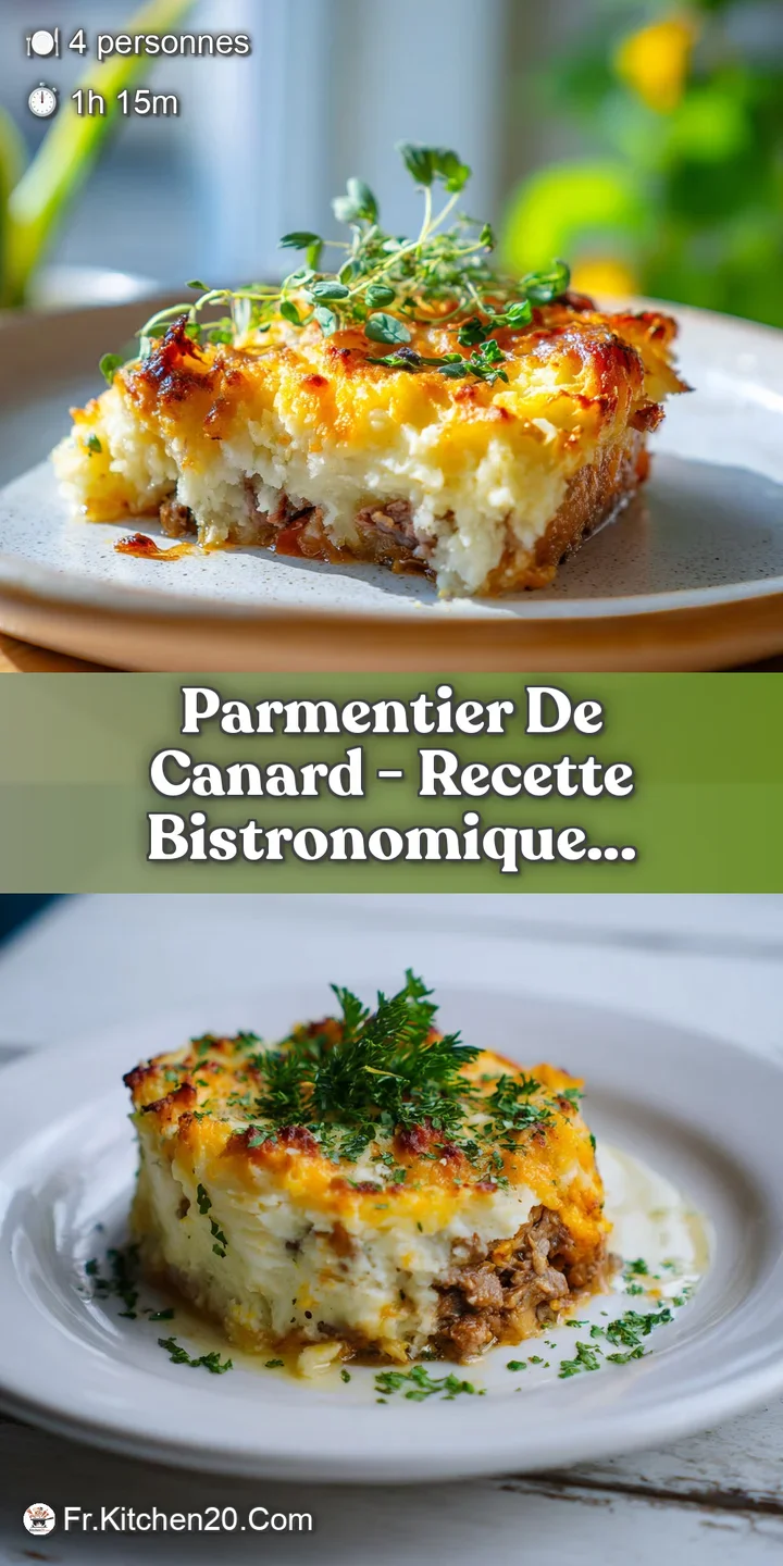 Close-up of creamy, golden mashed potatoes with tender, shredded duck meat peeking through underneath.