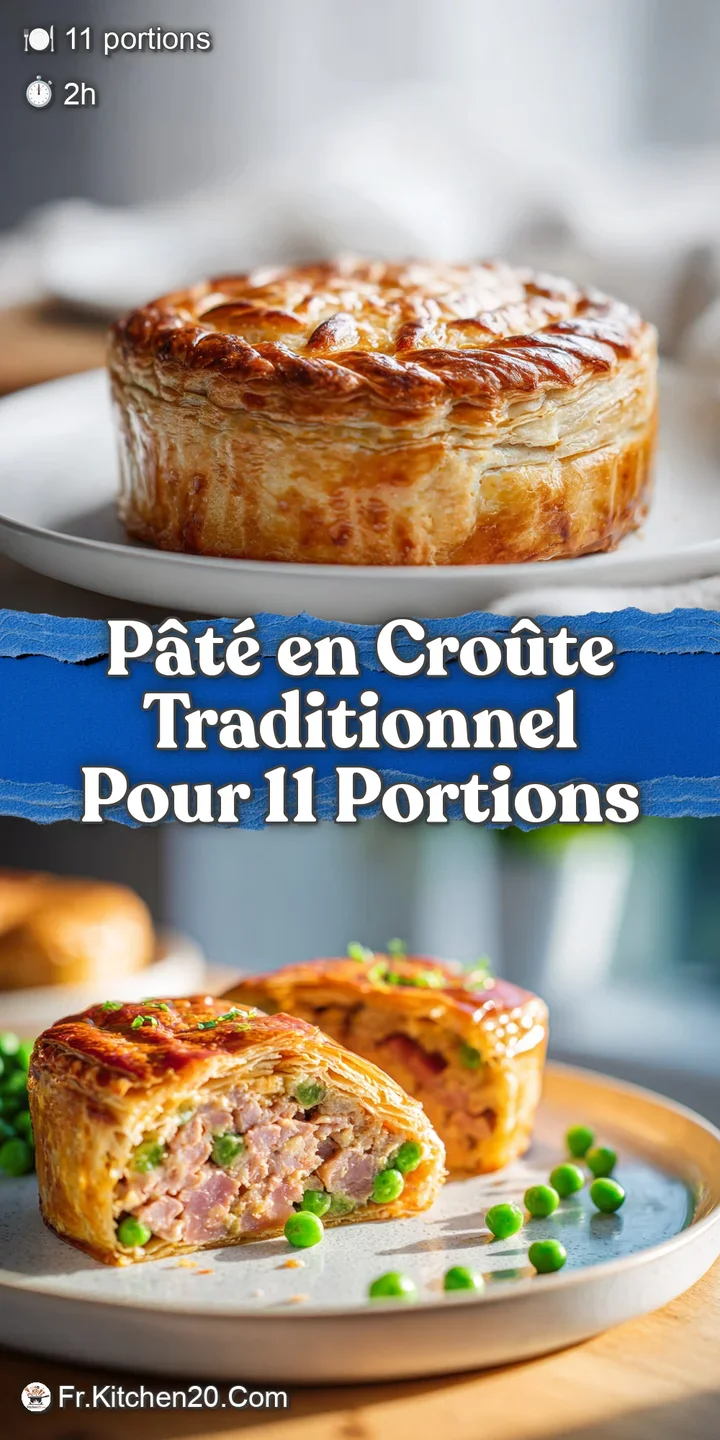 Close-up of pate en croute slice revealing layers of savory filling. The golden crust is flaky and decorated with herbs.