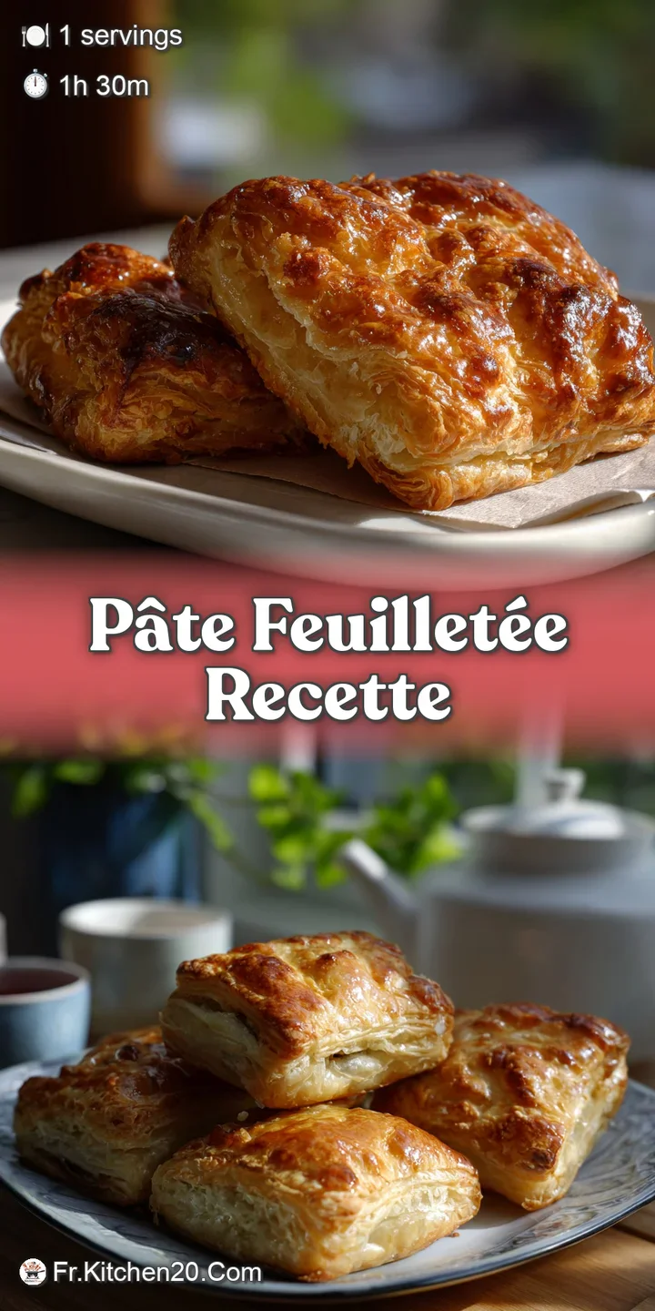 Close-up on crisp, golden-brown layers of homemade puff pastry. Bubbled and blistered surface promises a light, airy texture.