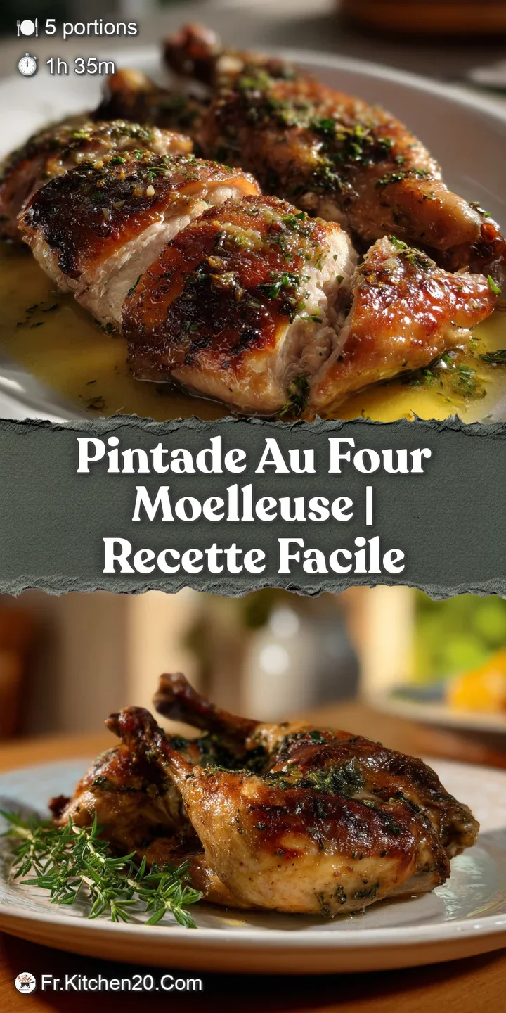 Close-up of tender, juicy roasted guinea fowl skin, glistening and golden brown, revealing moist meat underneath. Fresh he...