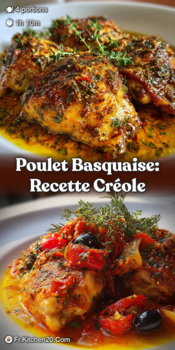 Close-up reveals the juicy, tender chicken of Poulet Basquaise. Sauce clings to vegetables, showcasing rich colors and he...