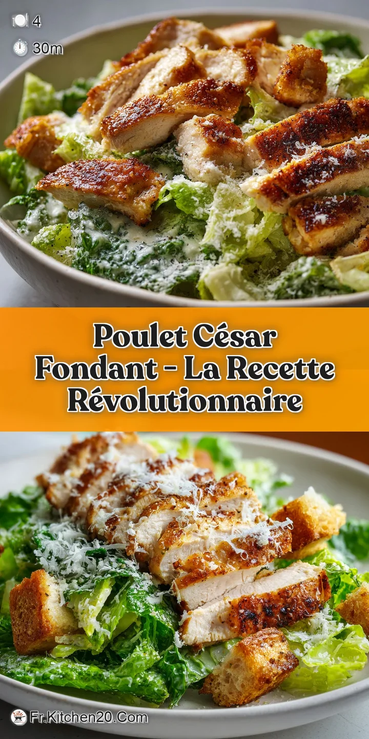 Close-up of tender chicken in Caesar salad. Crisp lettuce & creamy dressing catch the light showing texture.