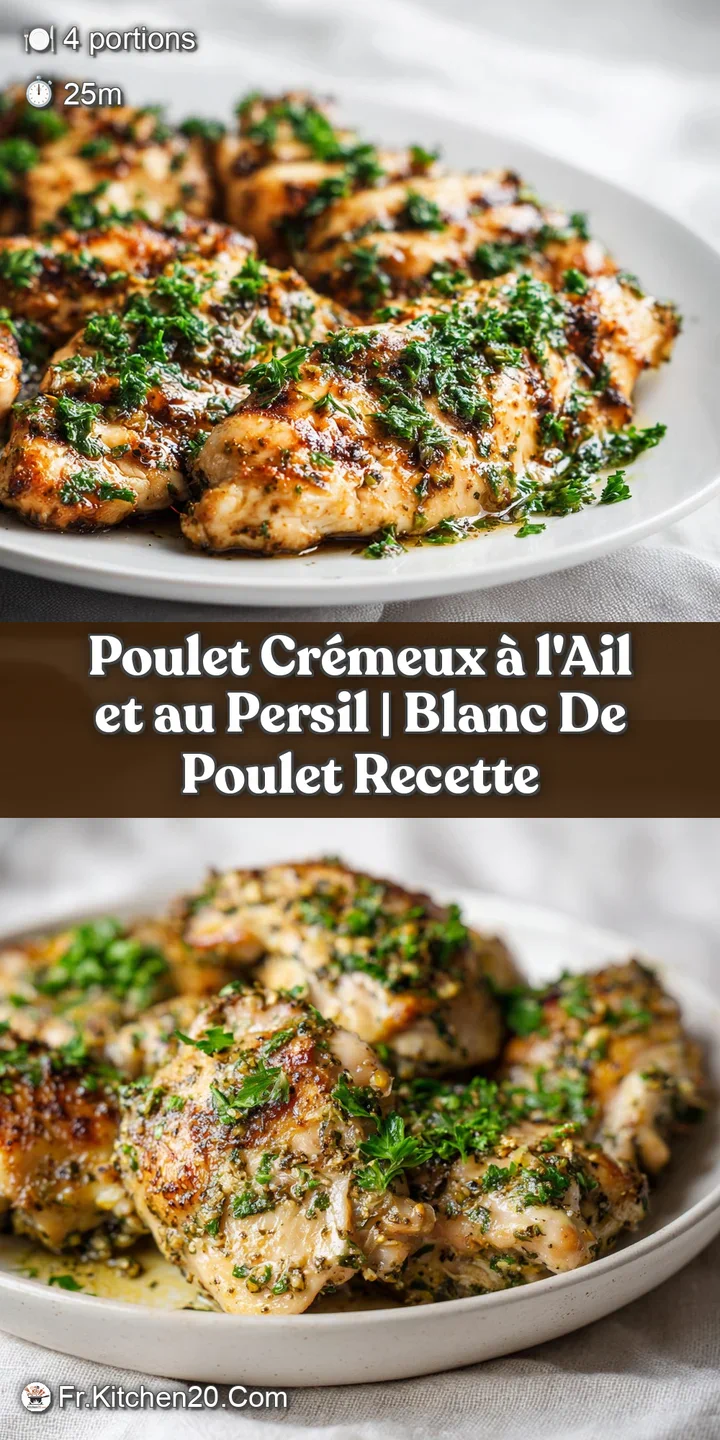 Close-up of succulent chicken coated in a velvety, pale green garlic and parsley sauce.