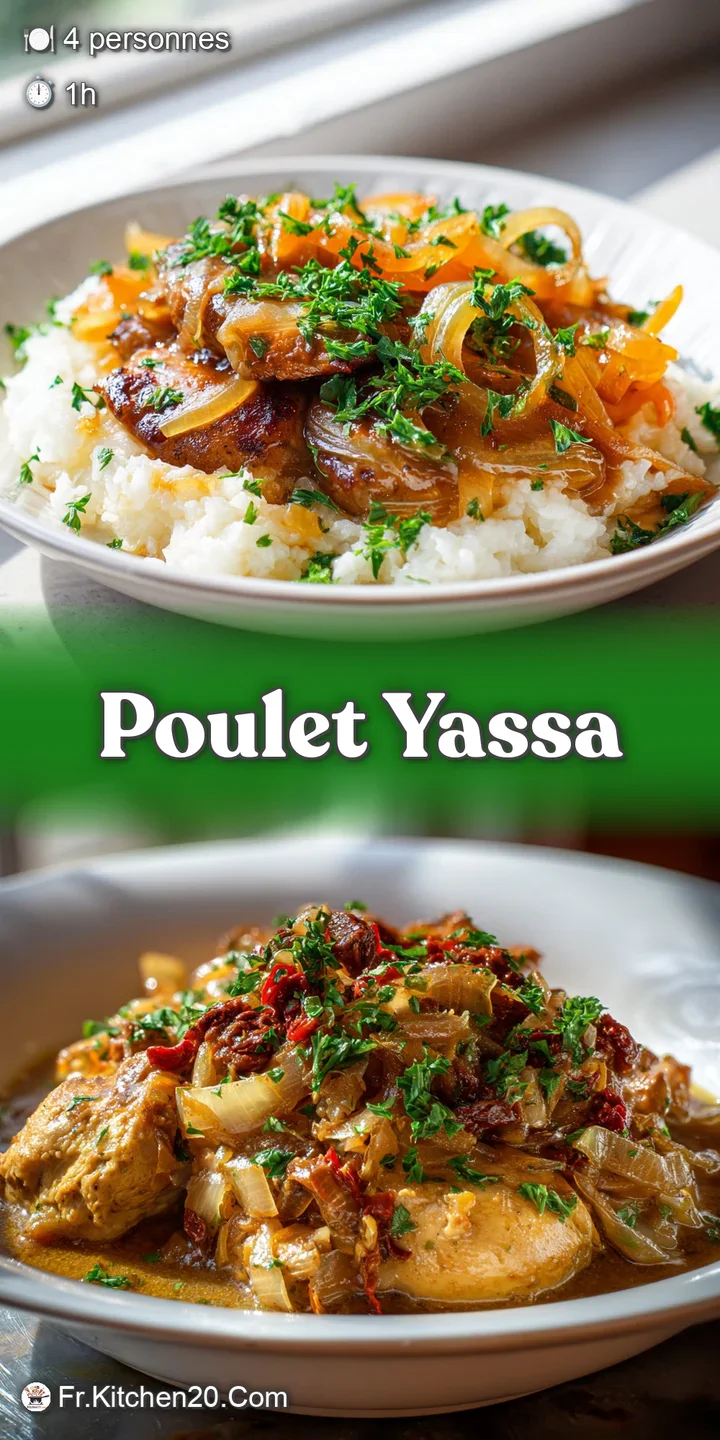 Close-up of Poulet Yassa showcasing tender chicken and soft, translucent onions bathed in a rich, flavorful sauce, promisi...