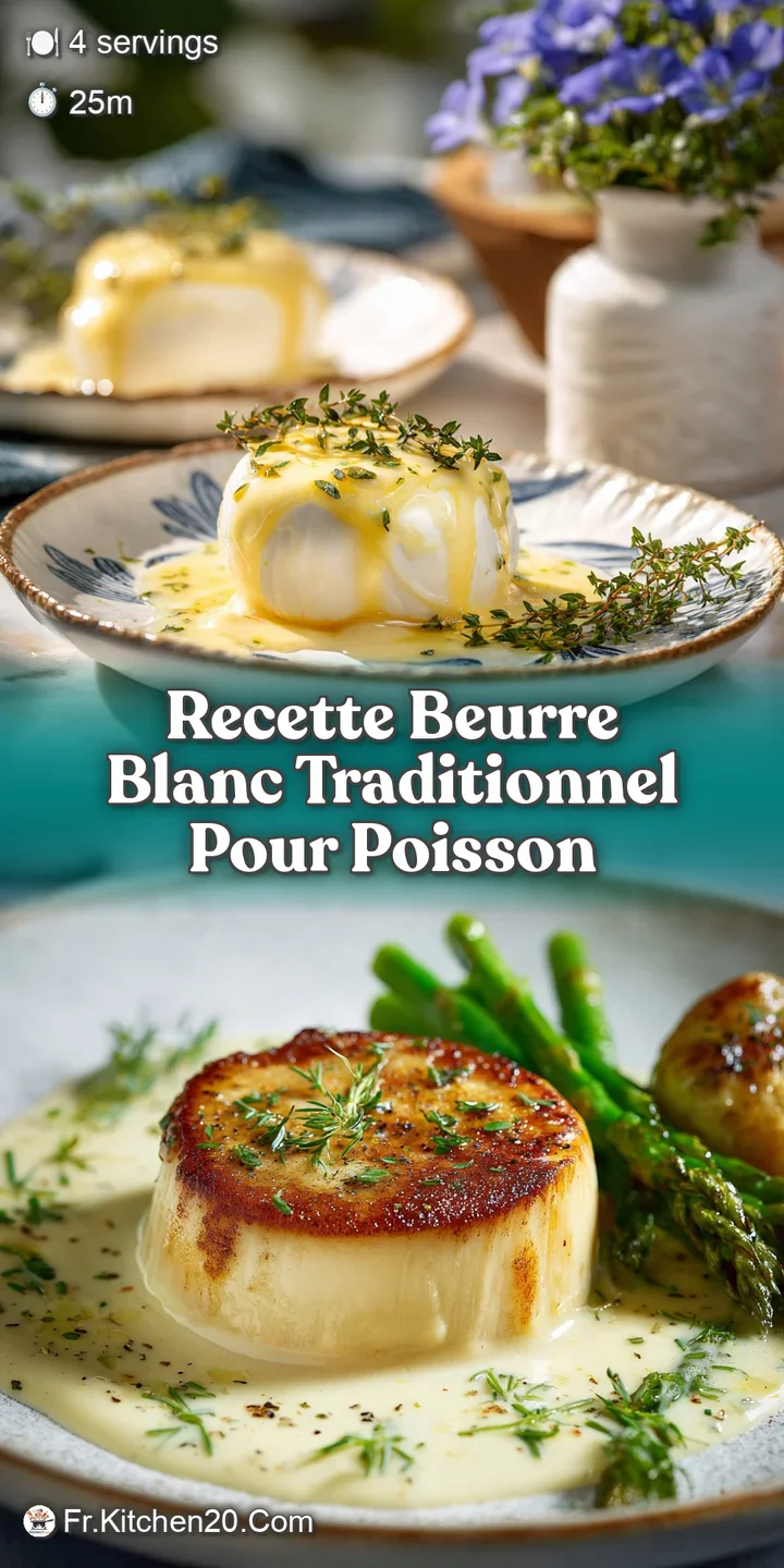 Close-up of luminous, pale yellow beurre blanc sauce swirled with a spoon, showcasing its smooth, velvety texture and rich...