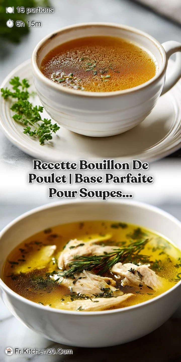 Close-up of homemade chicken broth with tender shredded chicken, diced carrots, and fresh herbs floating in a rich, flavor...