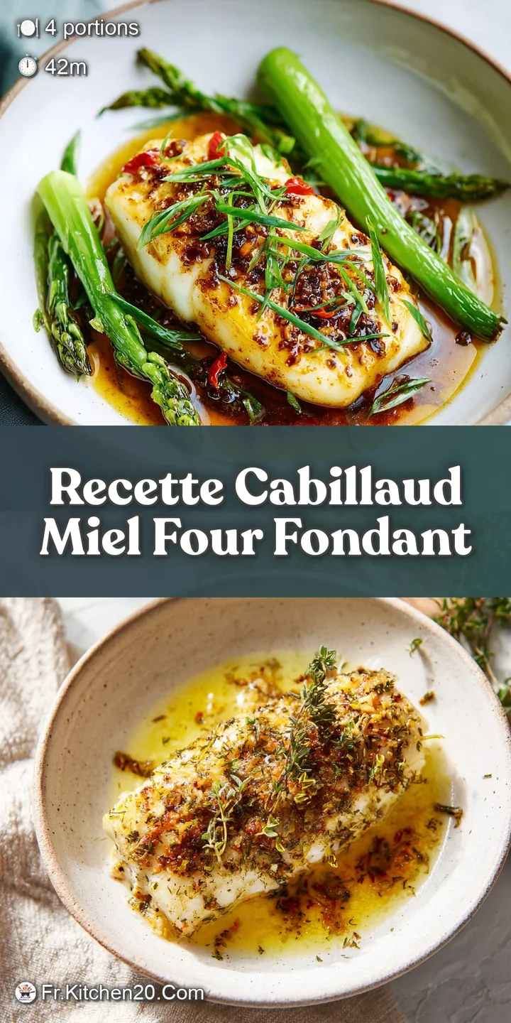 Close-up of tender, moist cod glistening with a rich, amber honey glaze. Hints of caramelized edges showcase a delicious s...