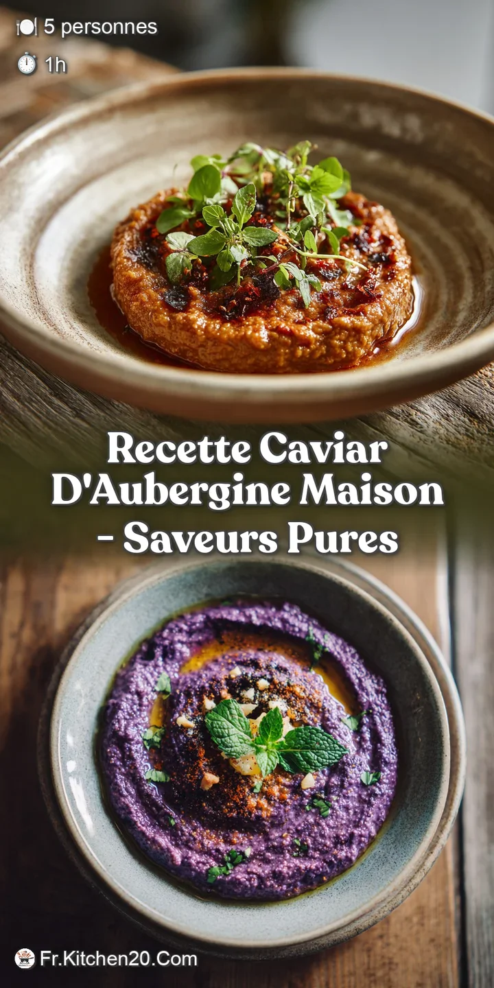 Close-up reveals the silky texture of aubergine caviar, its smoky aroma almost tangible, promising a rich and savory bite.