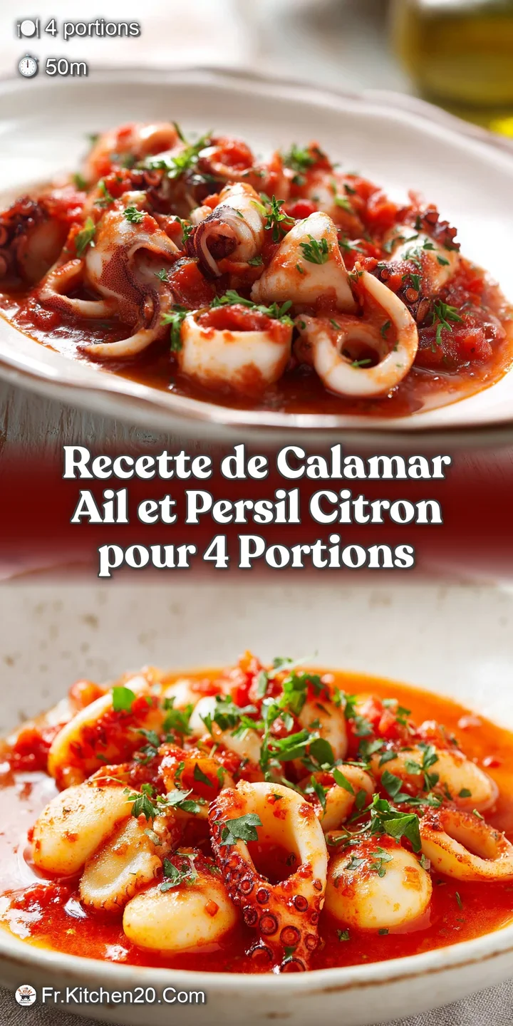 Close-up of tender calamari glistening with garlic and lemon, showing the juicy texture and vibrant, fresh ingredients.