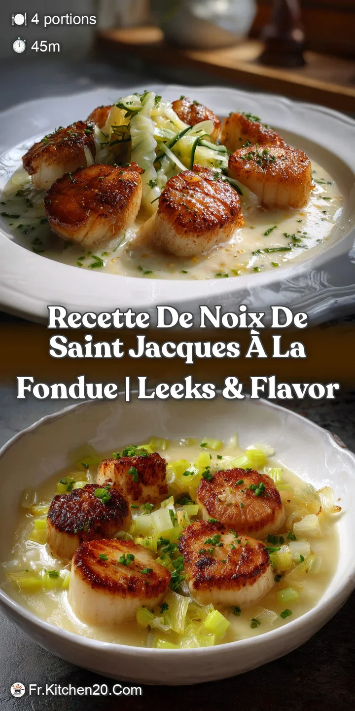Close-up shot of glistening, caramelized scallops juxtaposed against a smooth, rich fondue. The textures and color gradien...