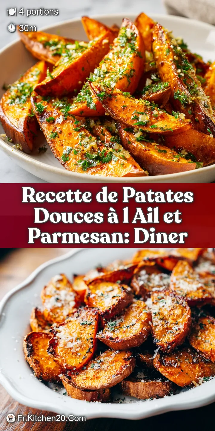 Close-up of a roasted sweet potato wedge: caramelized surface, glistening garlic, and vibrant orange flesh. Texture is cri...