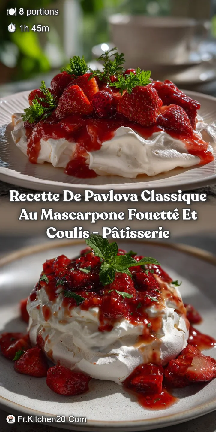 Close-up of a pavlova with a perfectly cracked, airy meringue shell, revealing creamy mascarpone and a pool of vivid berry...