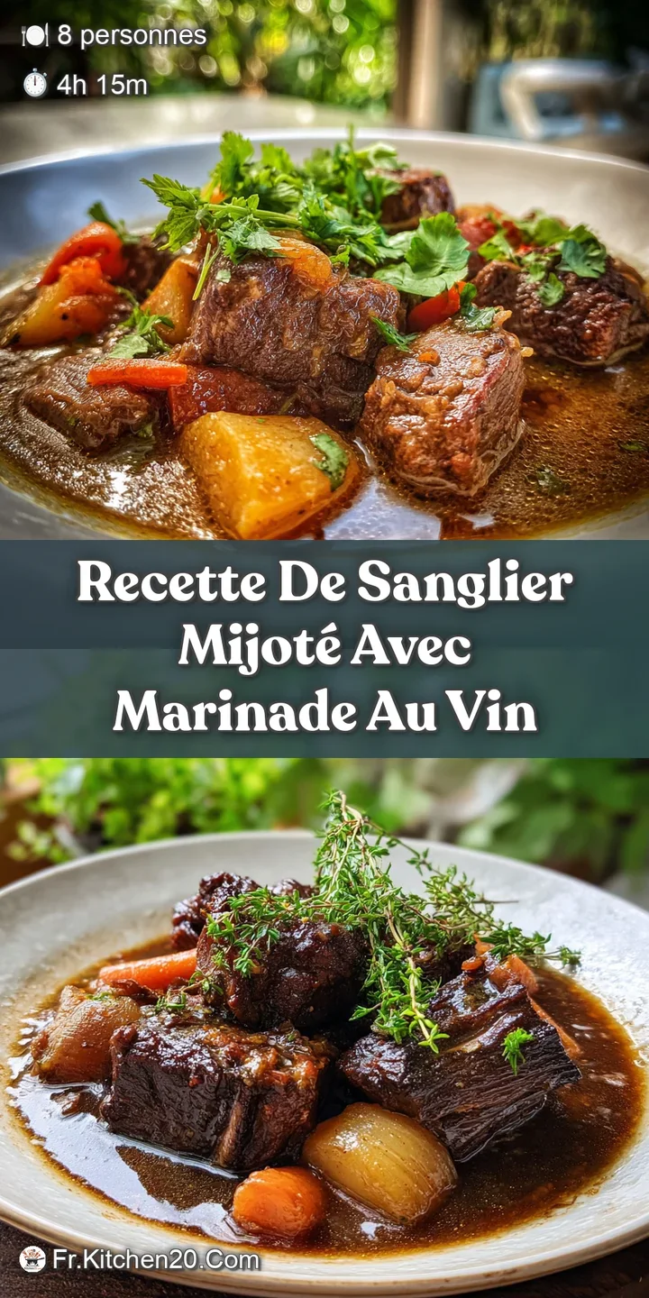 Close-up of simmering wild boar stew, revealing tender, shredded meat and soft root vegetables in a thick, glistening sauce.