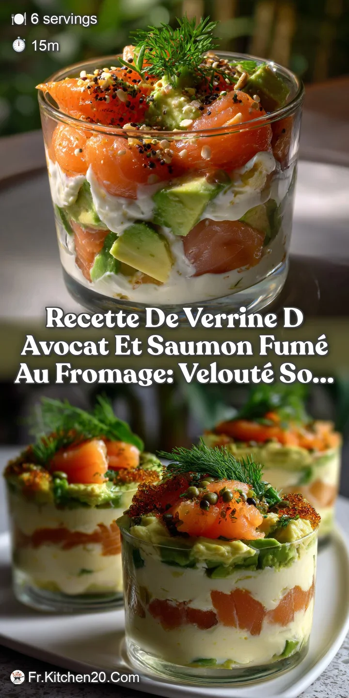Close-up of a verrine: rich green avocado, delicate salmon, and creamy cheese create a visually appealing appetizer with f...