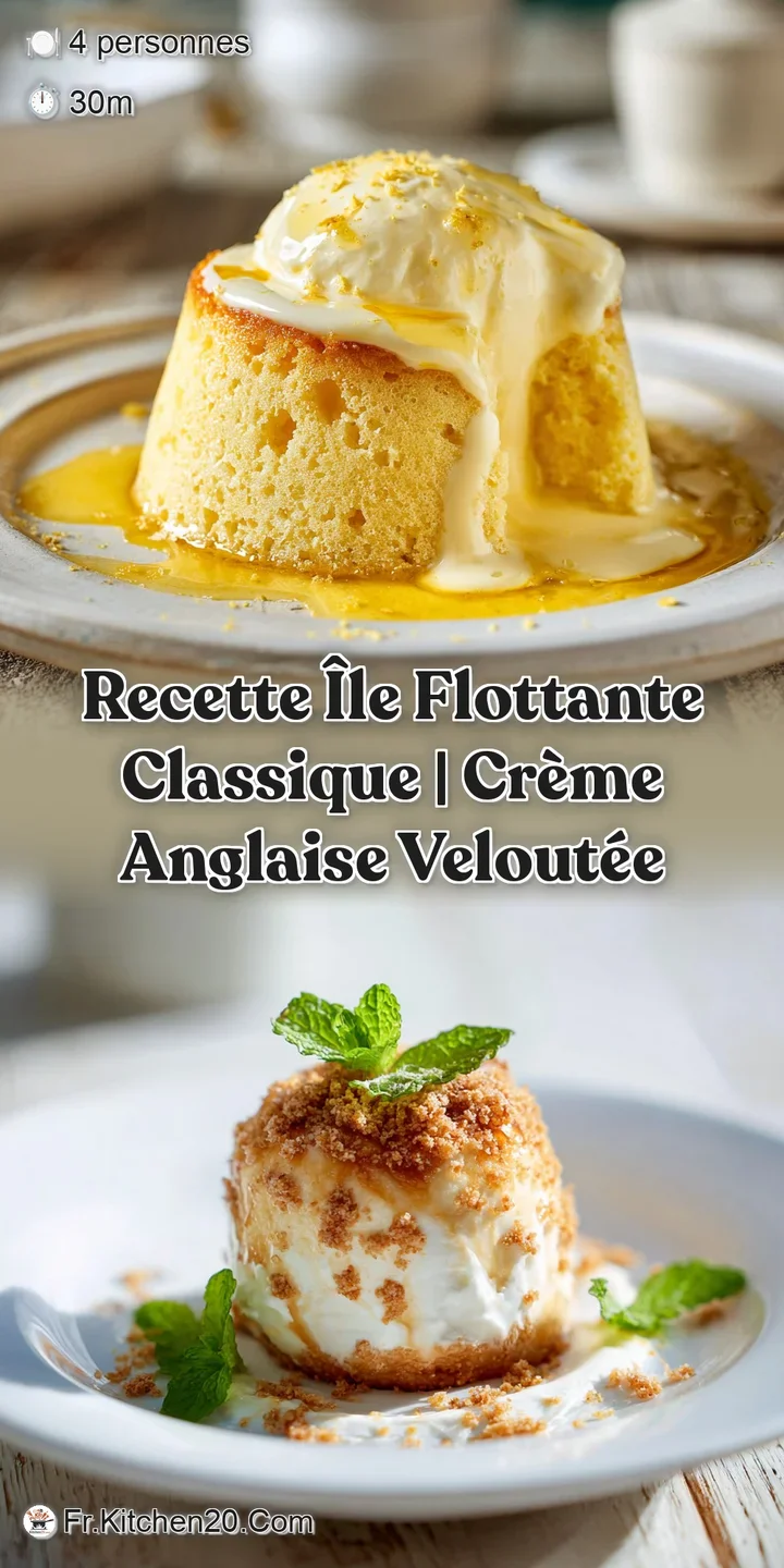 Close-up shows the delicate texture of the meringue &icirc;le flottante contrasted with the smooth custard and drizzle of amber ...