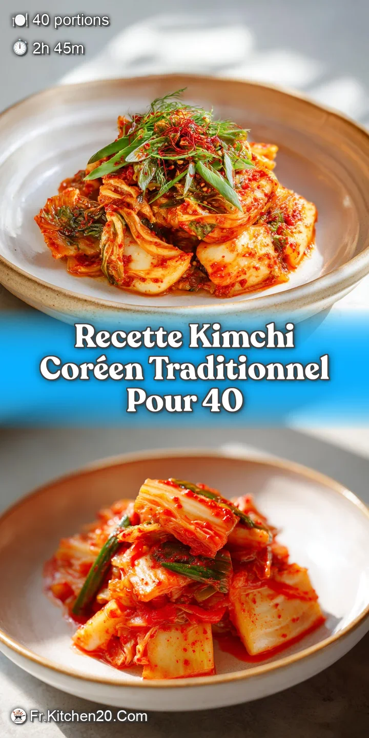 Close-up shows glistening, intensely red kimchi with visible chili flakes and textured cabbage leaves, promising a spicy, ...