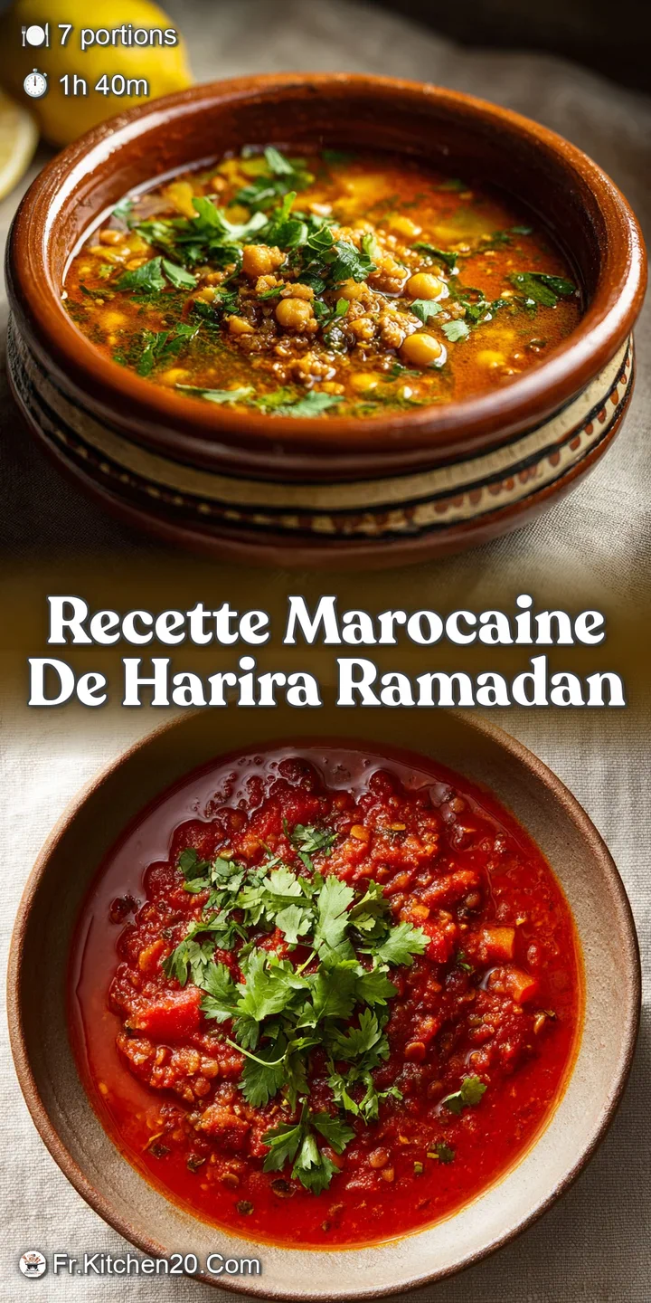 Close-up of hearty harira, showcasing plump chickpeas and fragrant herbs simmered in a thick, flavorful broth with invitin...