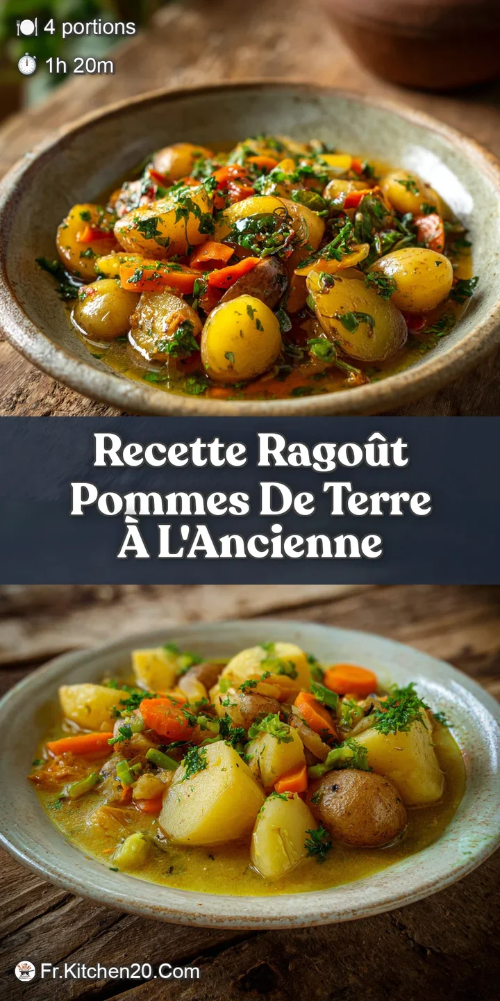Close-up shot of simmering potato stew, showcasing the soft texture of the potatoes & rich, herby broth.