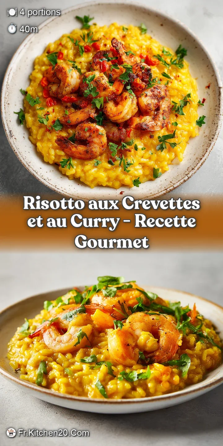 Close-up of tender risotto grains coated in a rich, creamy curry sauce with juicy pink shrimp.