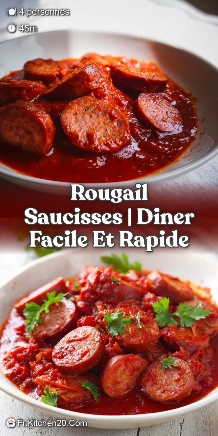 Gros plan sur une saucisse juteuse enrob&eacute;e d'une sauce tomate brillante, aux &eacute;clats d'&eacute;pices et textures fondantes.