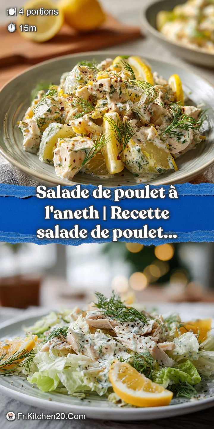 Close-up of tender shredded chicken mixed with creamy dressing, studded with bright green dill.